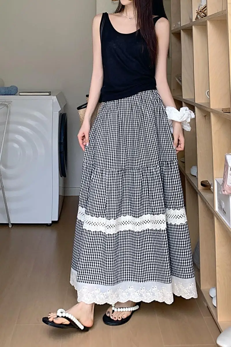 Women's Mesh Lace Splicing Skirt Y2K Korean Harajuku High Street College 2000s Aesthetic Retro A-line Casual Skirt Clothing 2024