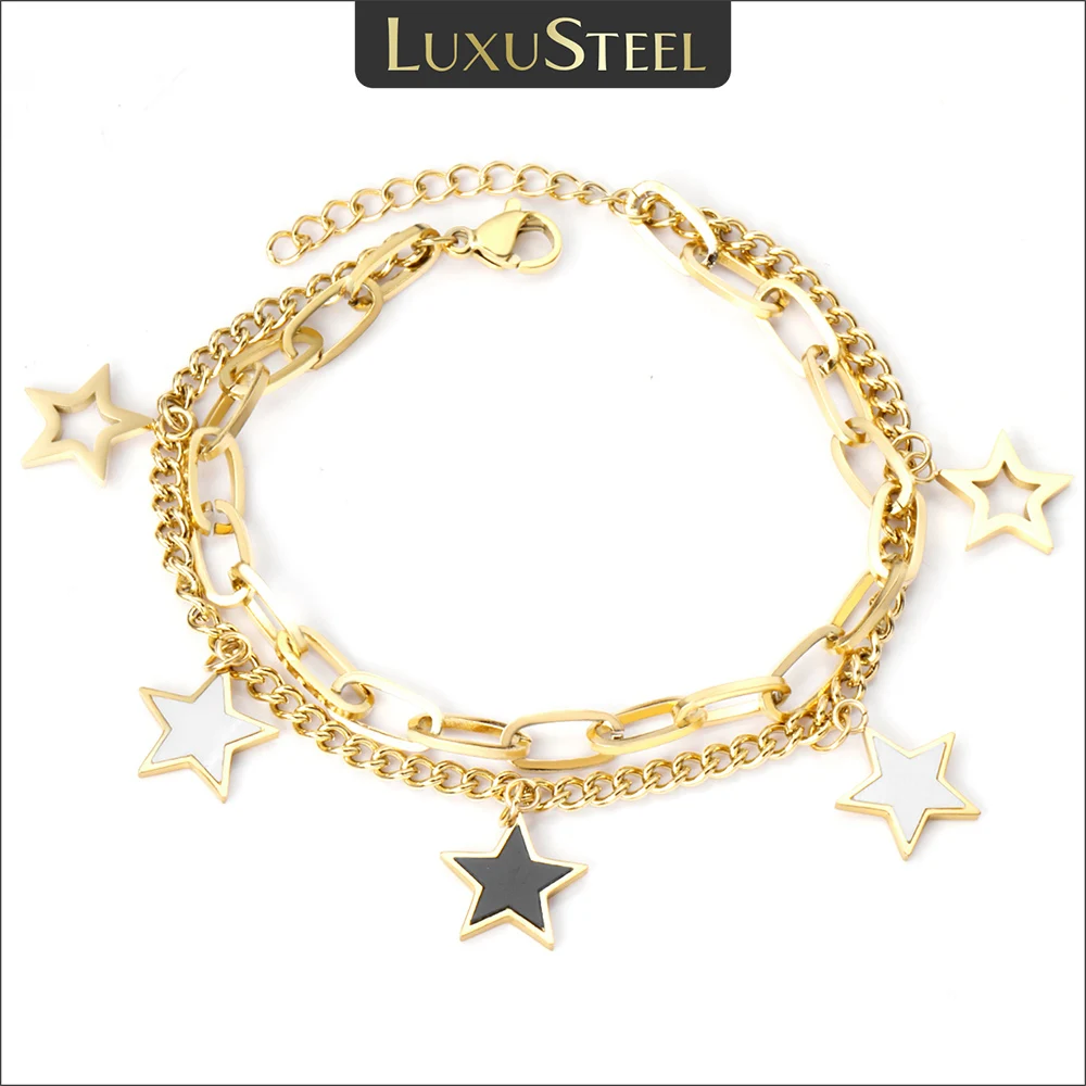 LUXUSTEEL Shell Bracelets For Women pulsera Golden Color Stainless Steel Star Shape Double Link Chain Bracelets Lobster