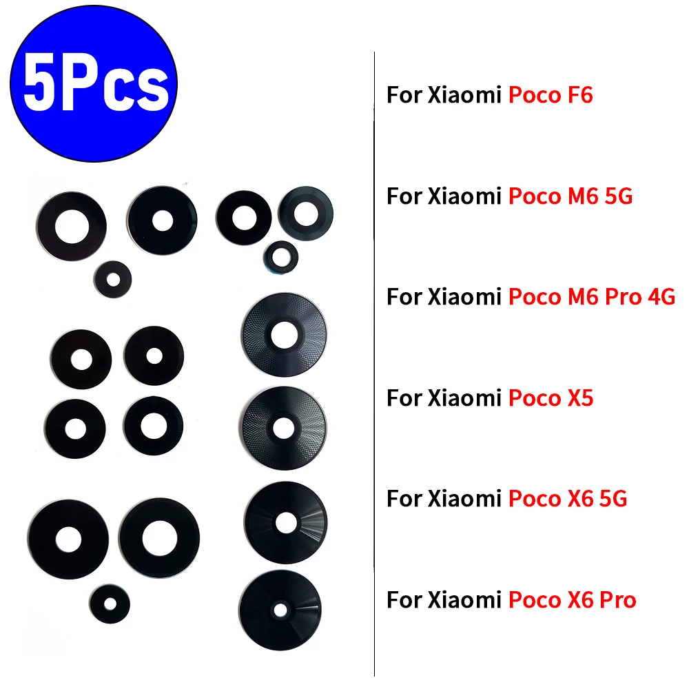 5Pcs，NEW Rear Camera Lens Glass Back Camera Lens With Sticker Ahesive For Xiaomi Poco F6 M6 5G M6 Pro 4G X5 X6 Pro