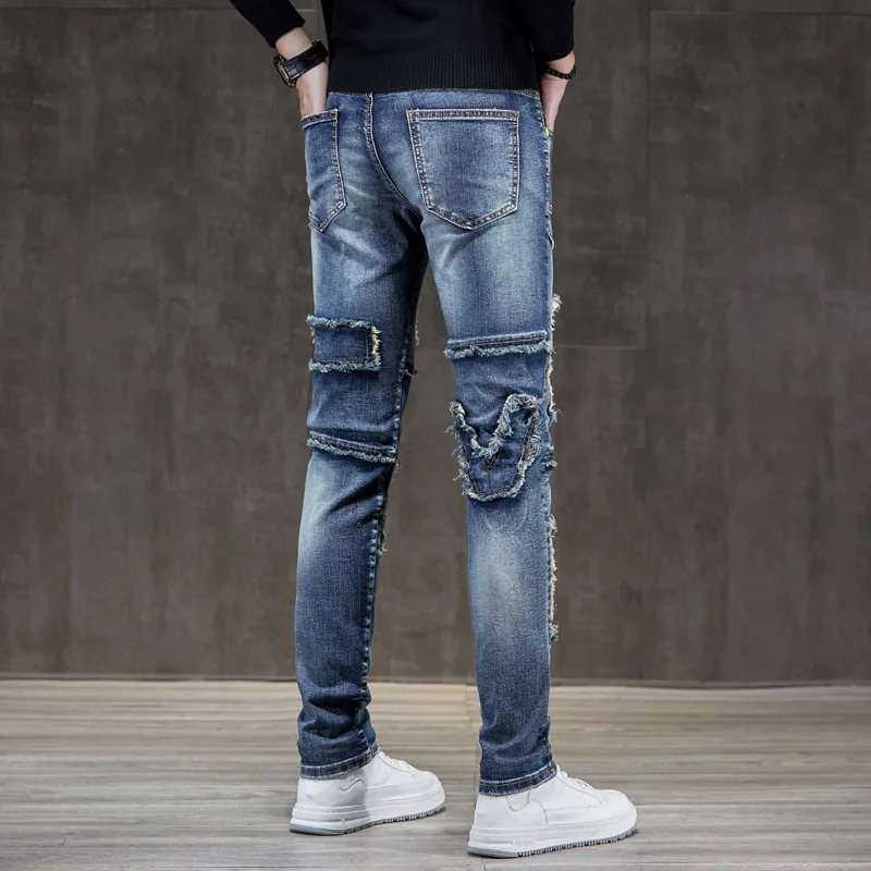 2024New American High Street Jeans Men's Locomotive Style Fashion Personality Slim Fit Patchwork Stitching Trousers