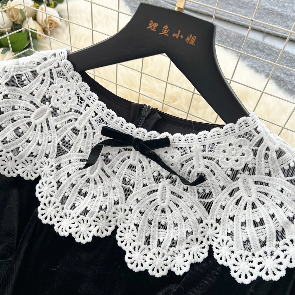 ชุดเดรสผ้ากำมะหยี่ลูกไม้แขนยาวทรงเข้ารูป สไตล์วินเทจสุดชิค หรูหราแบบแฟรี่ แฟชั่นเกาหลี สำหรับงานปาร์ตี้ฤดูใบไม้ร่วง เสื้อผ้าผู้หญิง