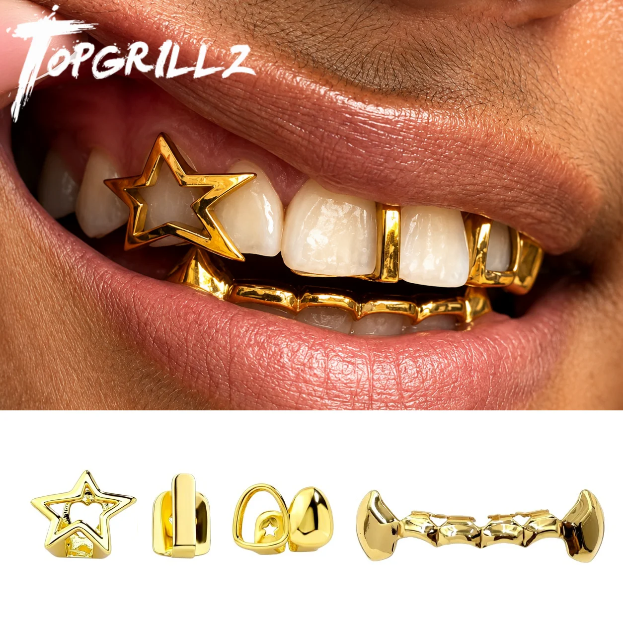 TOPGRILLZ Hip-Hop-Rapper-Accessoires, 4-teiliges Grillz-Set, vergoldete Grillz, hohler Stern, offener Zahn, Einzelzahnschmuck für Männer und Frauen