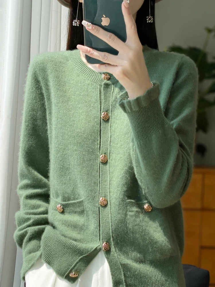 

Женский кардиган из 100% мериносовой шерсти с пуговицами-розами, тонкий, весенне-осенний, повседневный, модный шерстяной свитер