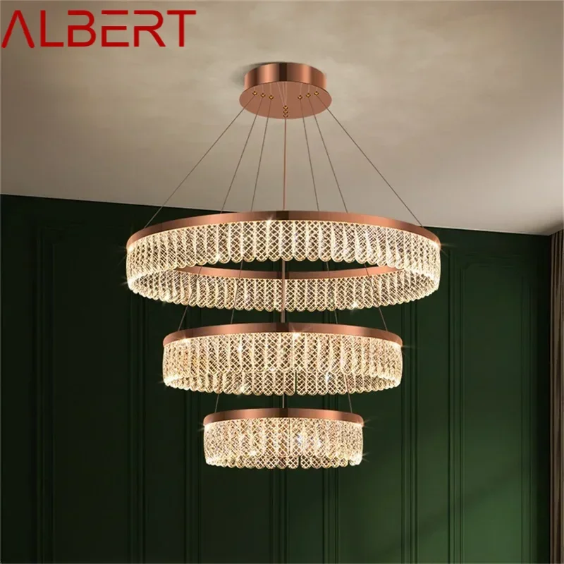 Lámpara colgante larga posmoderna ALBERT, accesorios LED redondos, candelabro decorativo de cristal dorado para el hogar y la sala de estar