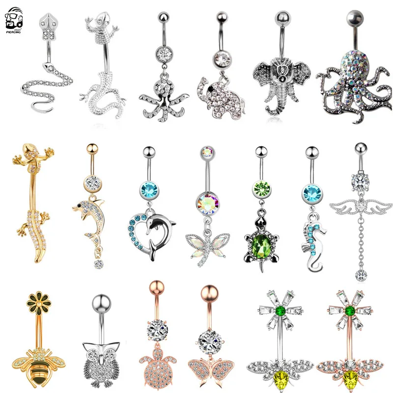 Animal Series Lizard Octopus Bee Navel Belly Button Rings Surgical Steel Butterfly Dangle Belly Piercing Ombligo Women Jewelry