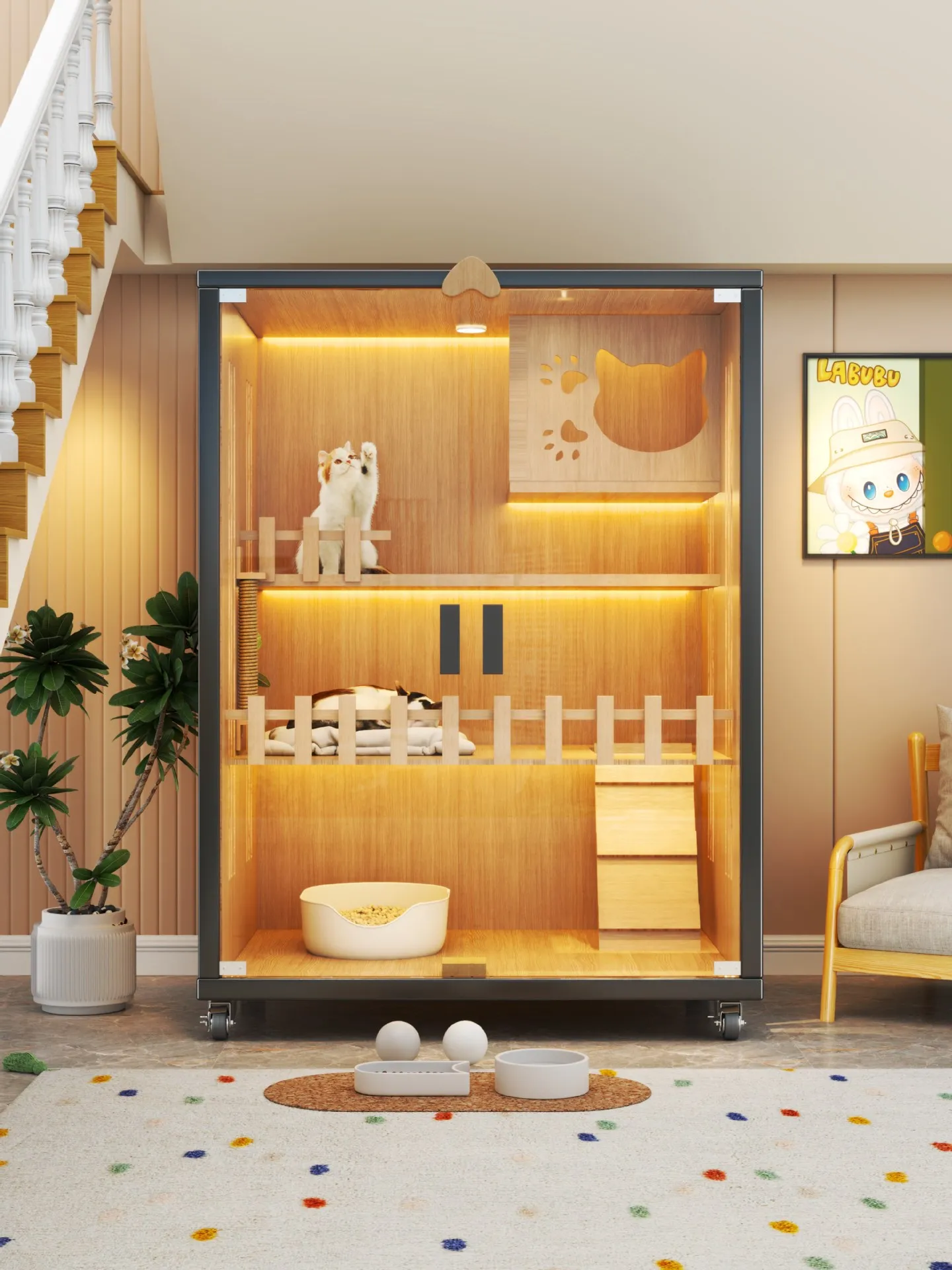 Cat Villa Cat Tree with Litter Box Integrated Indoor Cat House Wooden Large Space Glass Door Cabinet for Cats