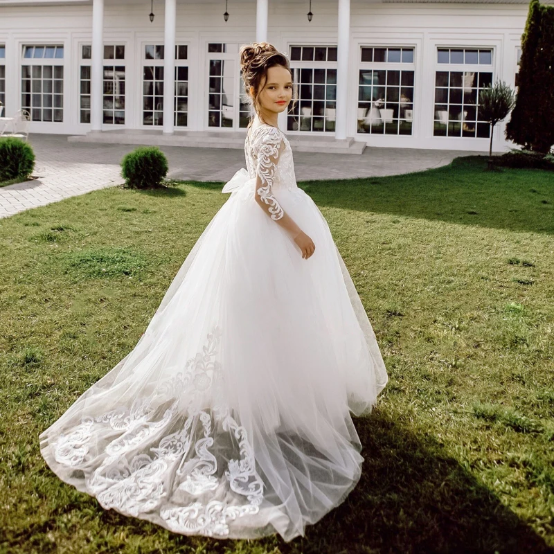 Vestido florista branco com arco e caudas, manga comprida, tule, estampa branca, casamento, festa de aniversário, vestidos de primeira comunhão