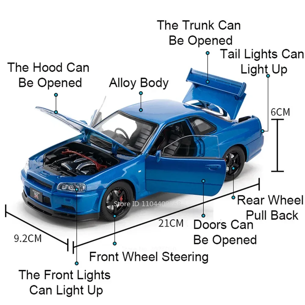 Schaal 1:24 GTR R34 R35 Sportwagen Model Speelgoed Legering Diecast Simulatie Geluid Licht Trek Decoratie Voertuig voor Kinderen Geschenken