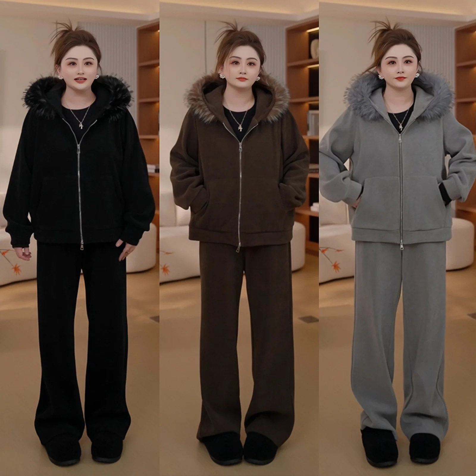 

Зимний модный комплект больших размеров с пальто с меховым воротником и длинными брюками для женщин, удобный крой, застежка-молния, полиэстер