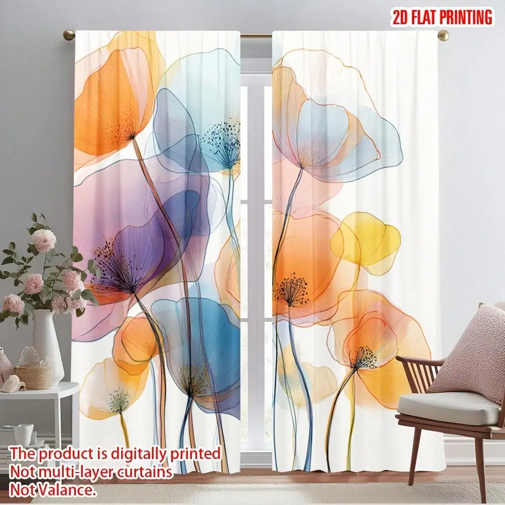 2pcs Vibrant Poppy Floral Blackout Curtains - Colorful Polyester Machine Washable, Contemporary Style For Bedroom