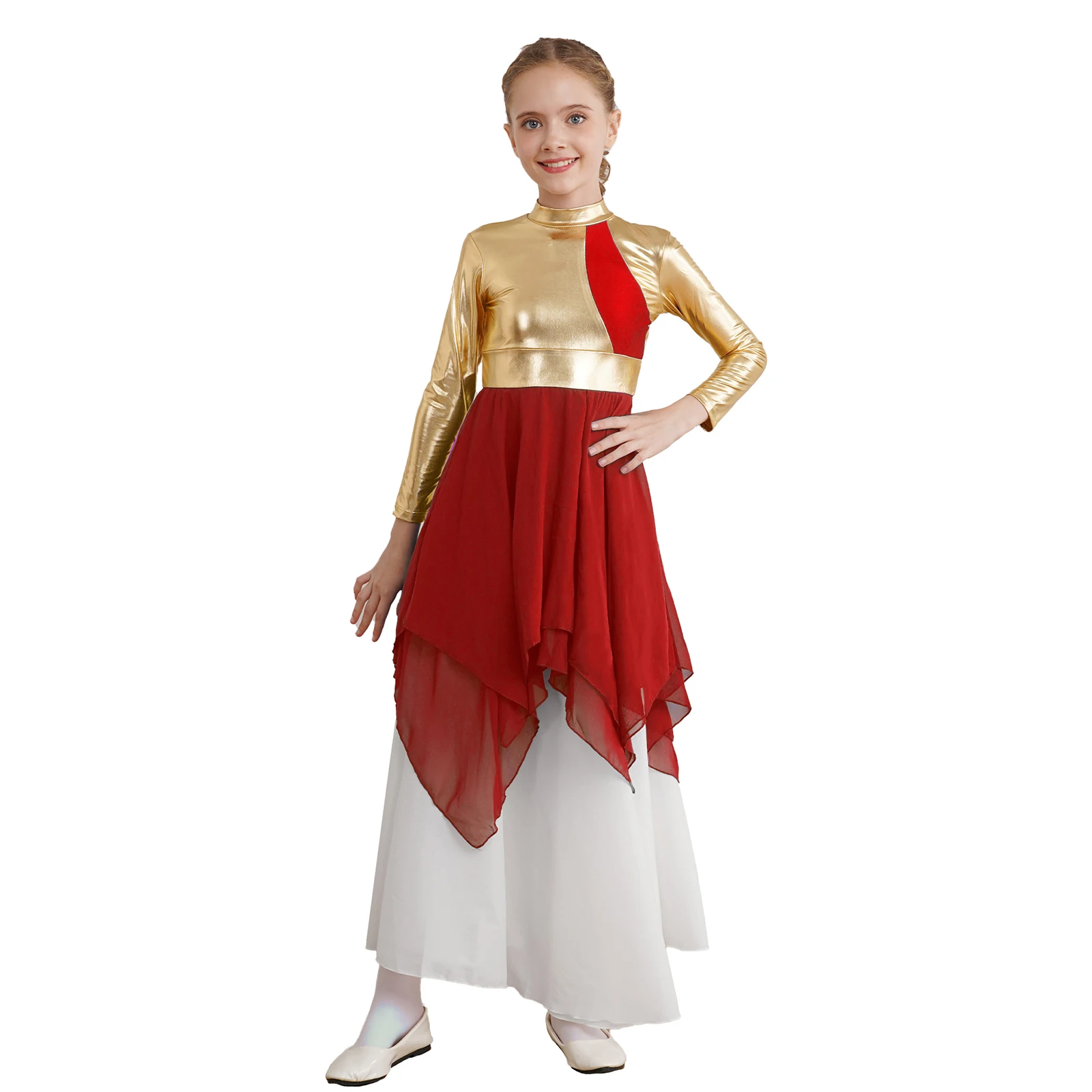 Kids Girls Lyrical Dance Dress Long Sleeve Bronzing Cloth Chiffon Splice Ballet Dance Dress Rave Party Stage Performance Costume