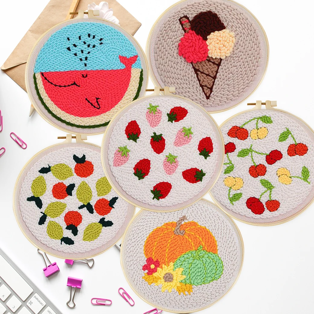 

DIY Punch Needle Embroidery Kit with Yarn Food Pattern Starter Kit Magic Tufting Set Poking Cross Stitch Handwork Needlework