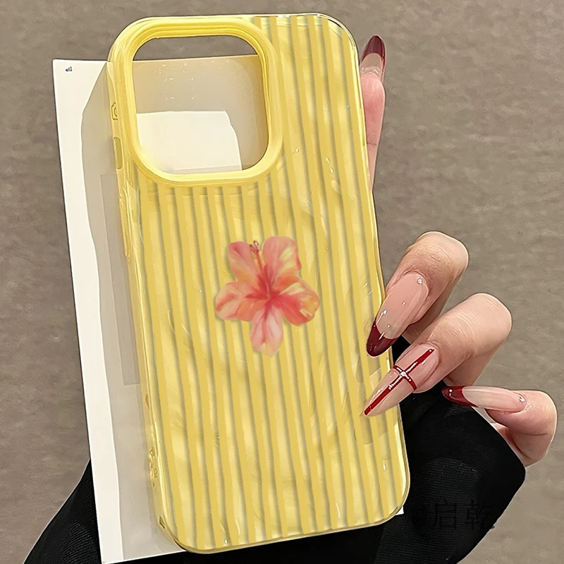 노란색 줄무늬 핑크 꽃무늬 감성적인 아이폰 17 프로 16 15 14 13 12 11 프로 맥스 플러스 에어 주름 텍스처 TPU 케이스