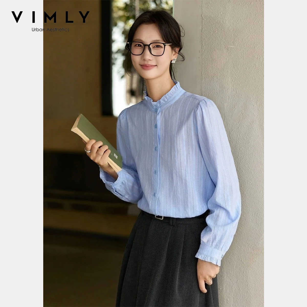 

Vimly Women's 100% Cotton Blouse 2025 Autumn Ruffle Stand Collar Jacquard Long Sleeves Shirts Casual Elegant ladies Tops A3112