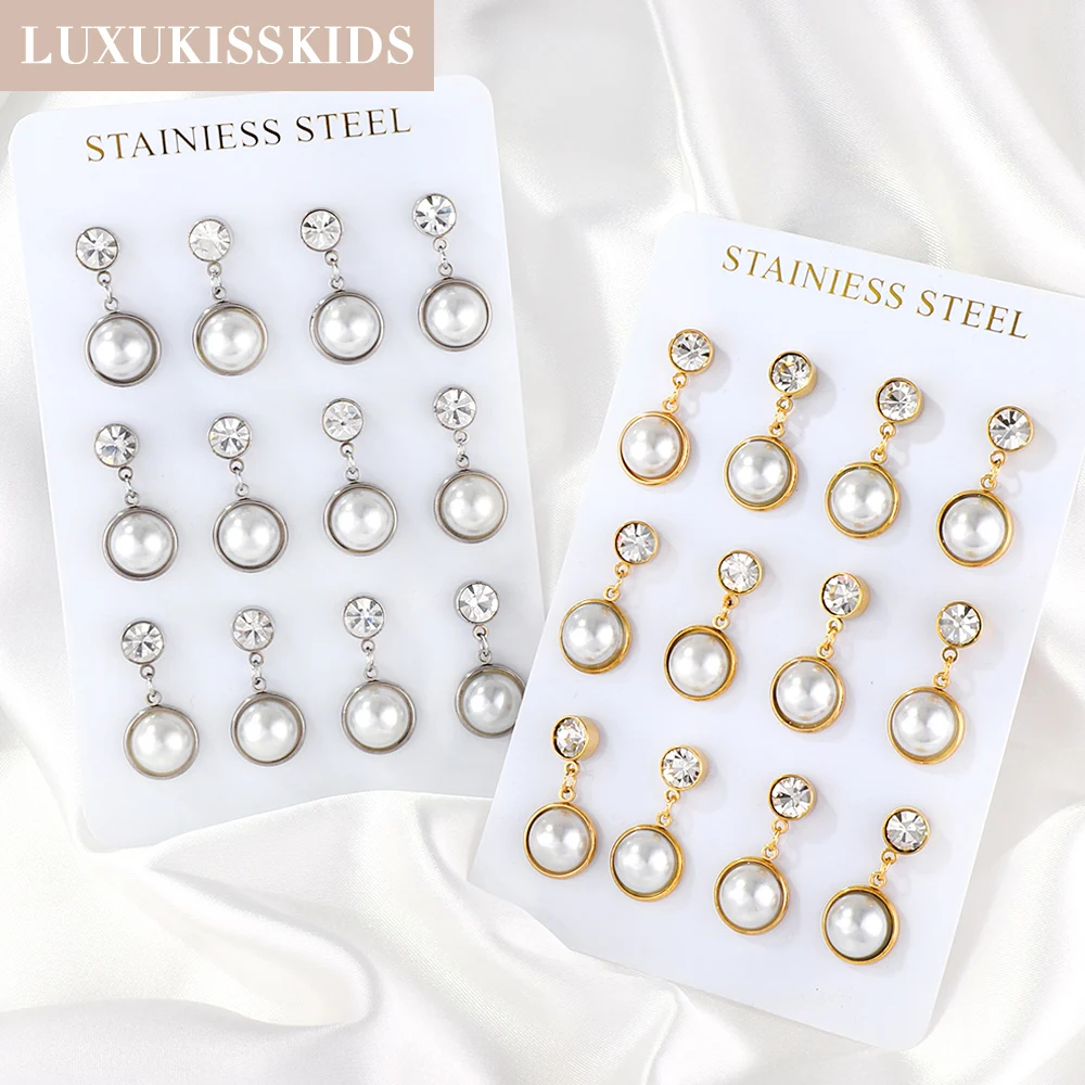 

LUXUKISSKIDS 6Pairs Wholesale White Half Artificial Pearl Dangle Earrings Elegant Chic Round CZ Drop Korean Sweet Woman Jewelry