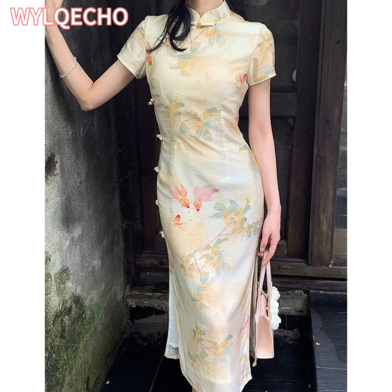 2023 Gentleness Cheongsam Floral Women Vintage Wedding Dress Slim Summer Casual Dresses New Chinese Style Qipao S To Xxl