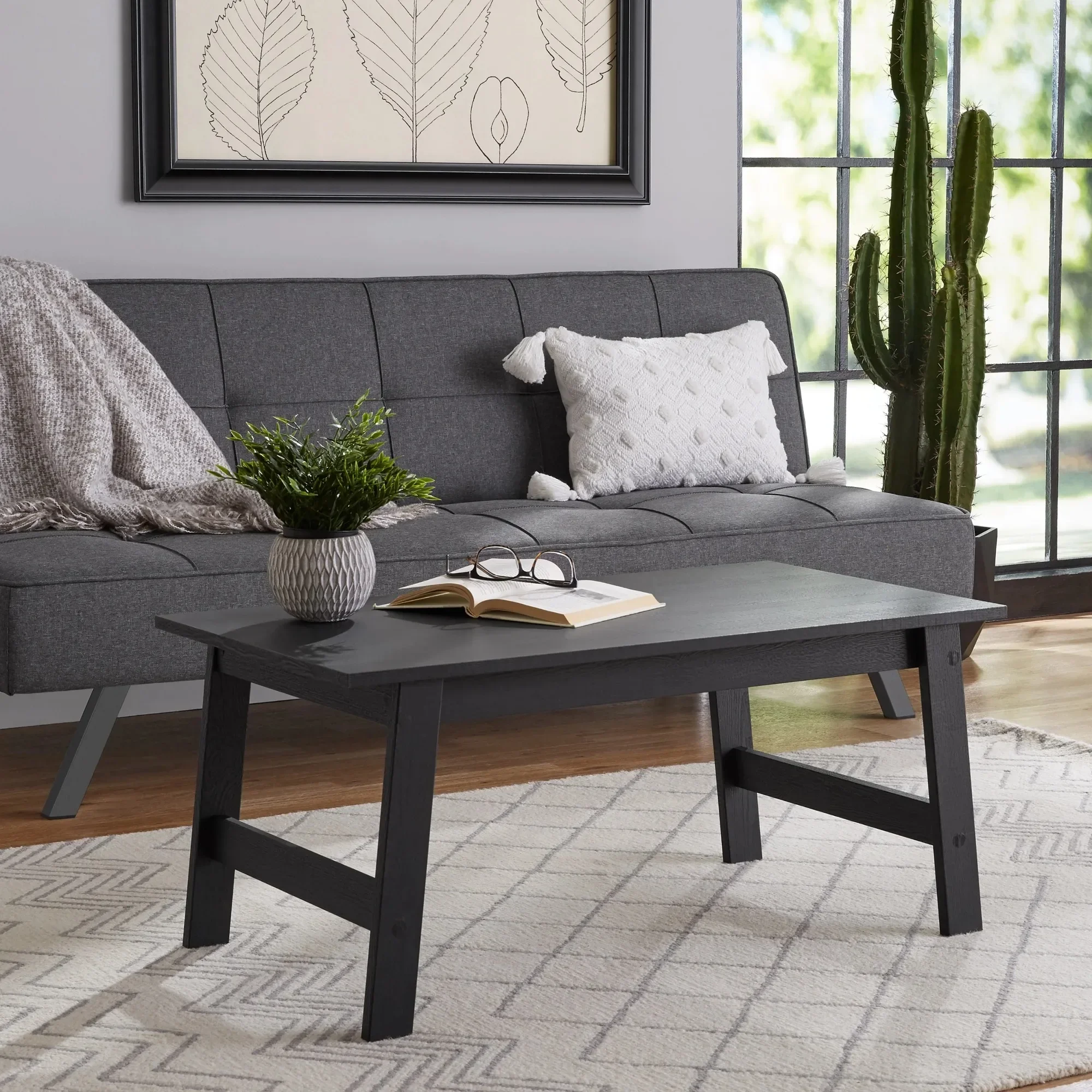 Modern Rectangle Coffee Table Black Wood, Sturdy Sofa Table for Living Room, Farmhouse & Apartment Style Decor Piece