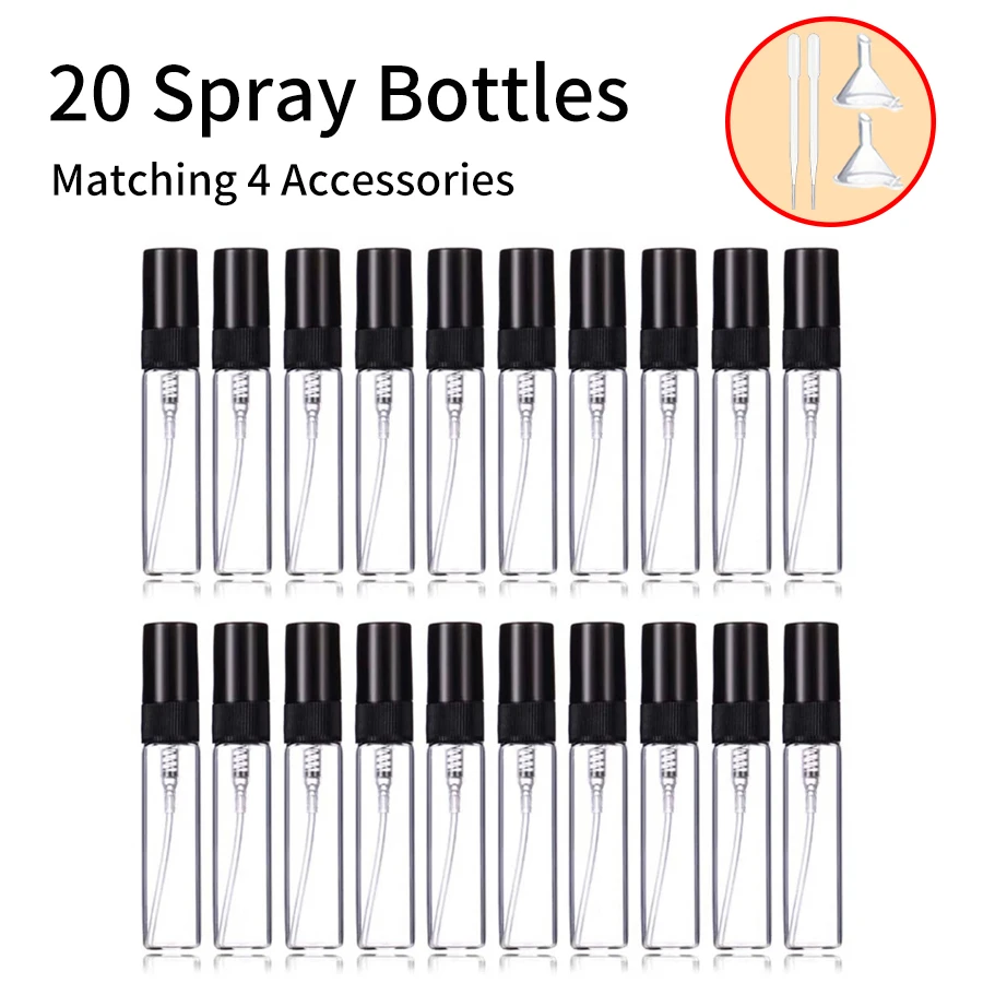 20pcs 4 Accessories 5ml Mini Perfume Spray Glass Bottles with 20 Spray Bottles, 2 Funnels, 2 Droppers