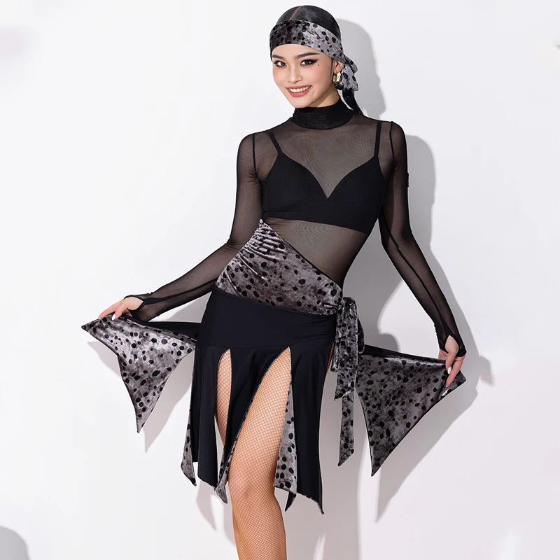 High-End Latin Dance Dress For Women Sexy Mesh Irregular Practice Clothes Female Adult Chacha Latin Dance Competition Clothes