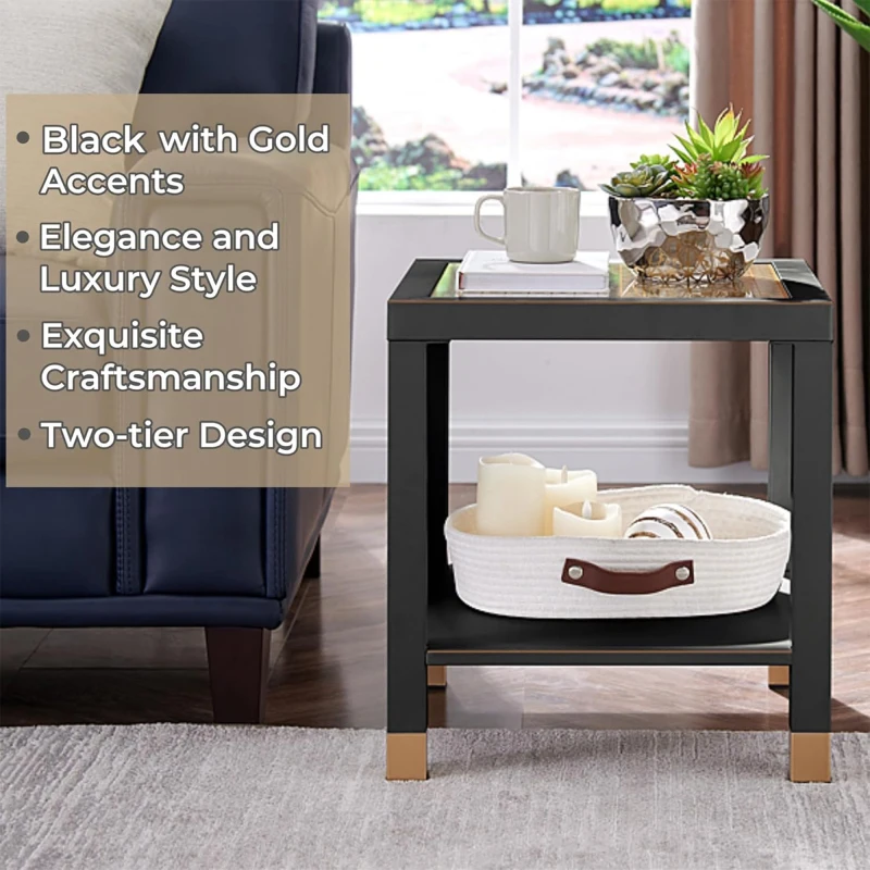 Square Side Table with Shelf, Boho Style Side Table for Living Room, Tempered Glass End Table with Metal Frame, Nightstand fo view 3