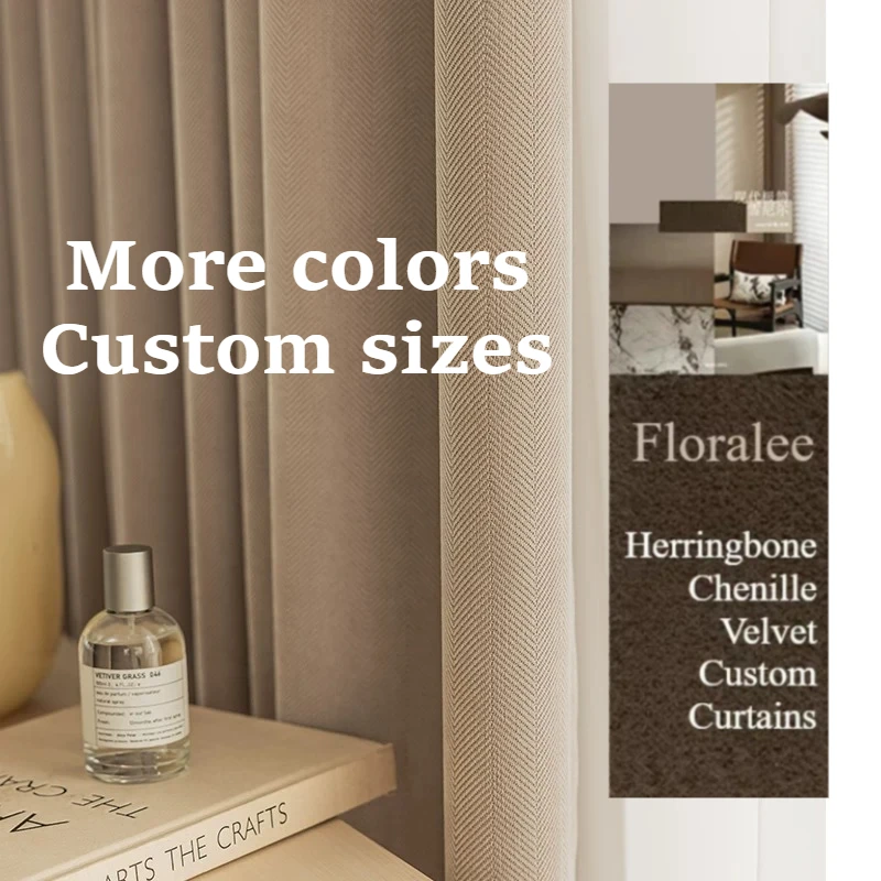 Cortinas de Chenille Bege Espessas em Espinha de Peixe Tamanho Personalizado para Sala de Estar, Sala de Jantar, Quarto - Decoração de Luxo com Blackout e Estilo Moderno