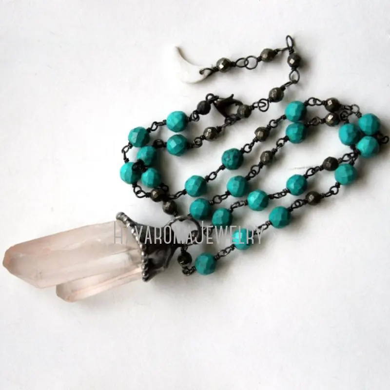 NM43280 Quartz Point Turquoise Pyrite Beaded Layering Necklace Minimal Crystal Genuine    Halloween