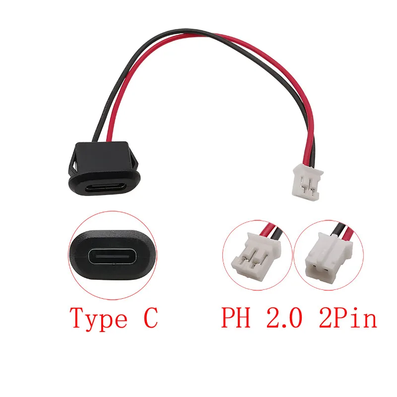 5 Stuks USB Type C Vrouwelijke Socket Oplaadpoort Snap-In Mount naar JST PH 2.0mm Pitch 2 Pin Plug Draad Kabel Connectors