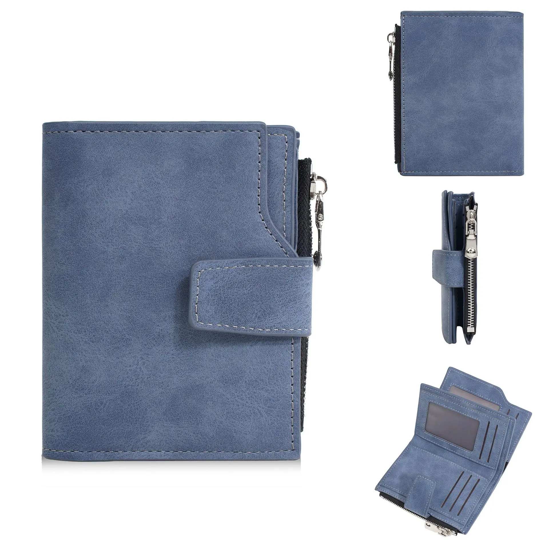 Men Vintage Matte PU Leather Short Wallet Bifold Buckle Purse Zipper Coin Pocket Multi‑Card Slots ID Window Male Wallet