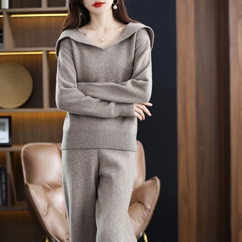 DjzDsm Autumn And Winter New Temperament Wool Wide Leg Trouser Suit Women Loose Fashion With Navy Collar Knitted Wool Suit