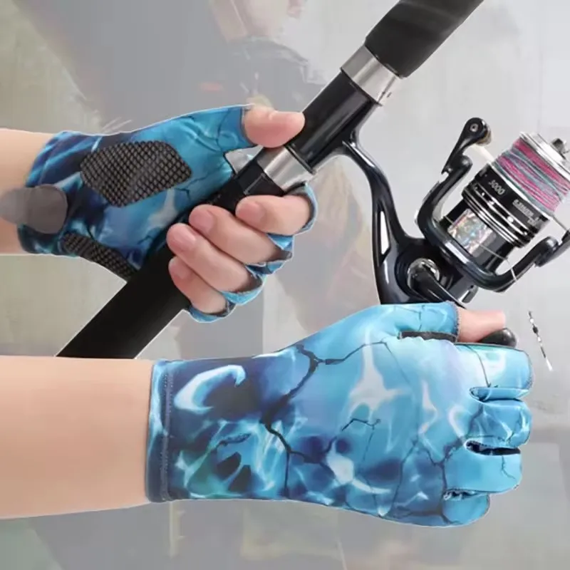 여름 낚시 통기성 아이스 실크 반손가락 장갑 프린트 통기성 자외선 차단 장갑 세탁 가능 야외 사이클링 스포츠 장비
