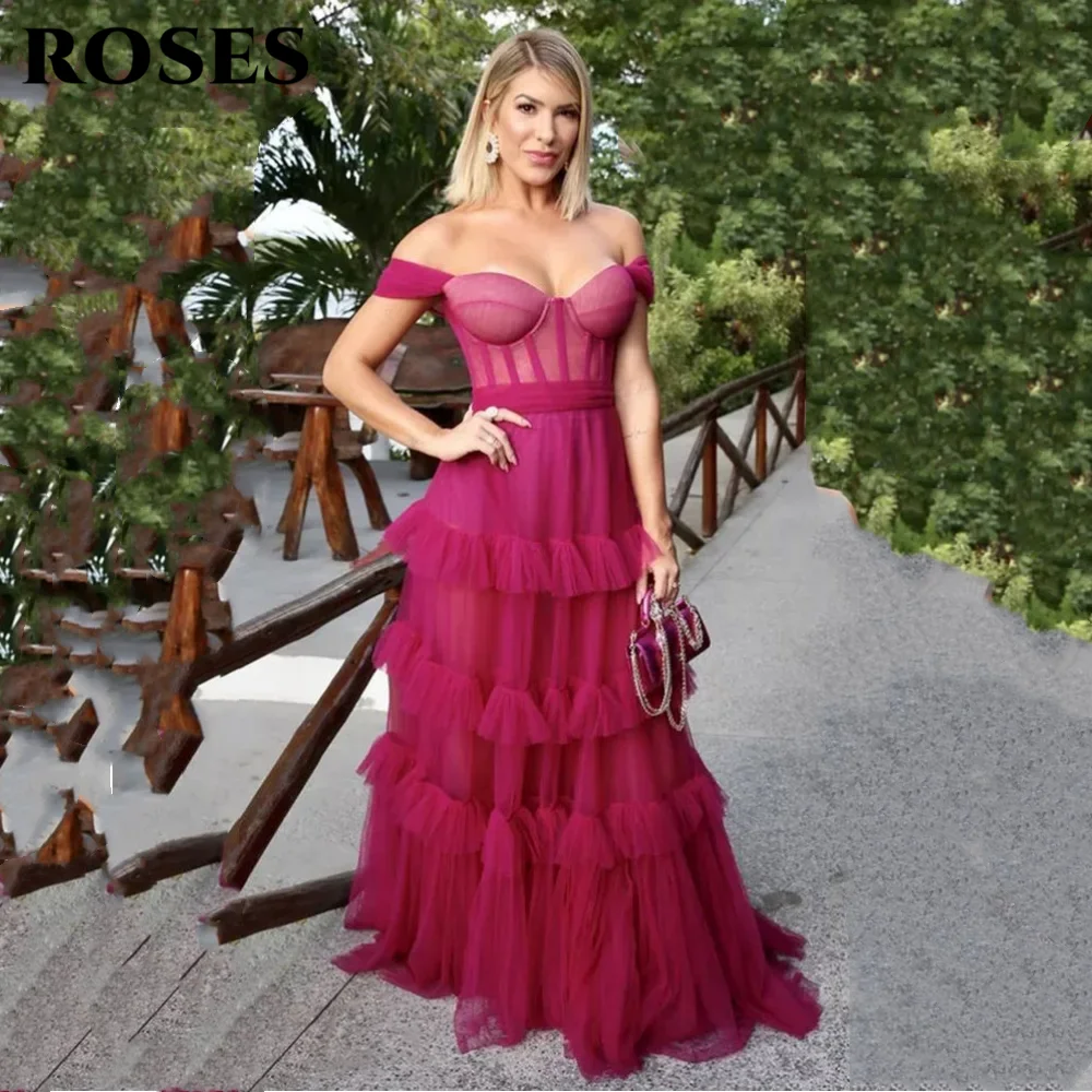 ROSES Fuschia Tiered Ruffles Tulle Prom Dresses Sweetheart Sleeveless Pleat Ruched Saudi Arabic Evening Party Gown robe soirée