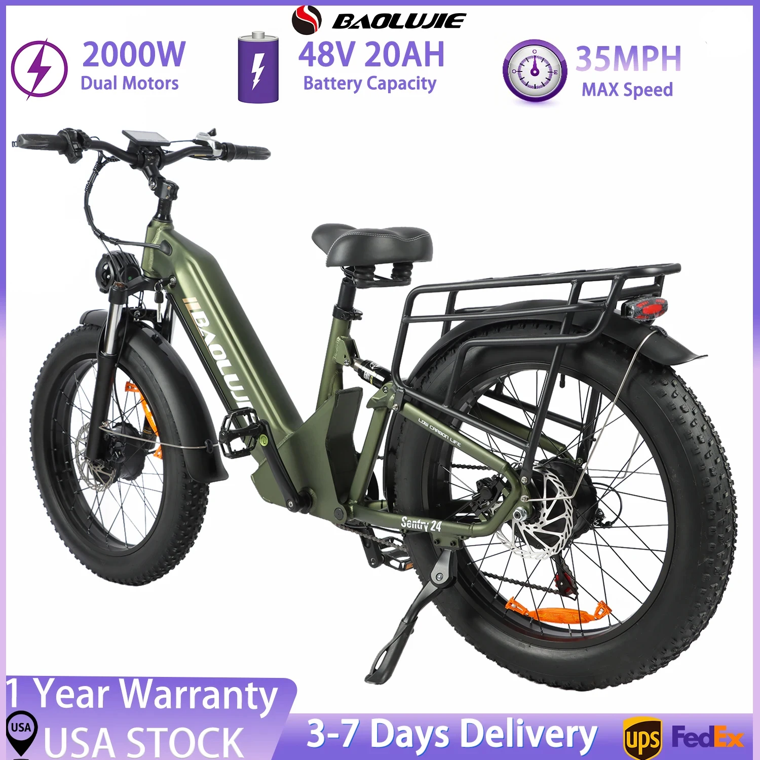 

Электрический велосипед BAOLUJIE 2402, 2000 Вт, 48 В, 20 Ач, 24 дюйма, электровелосипед с толстыми шинами для взрослых, горный внедорожный электрический велосипед【 Гарантия 1 год】