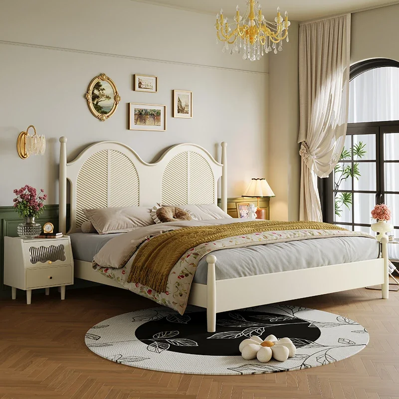 

French Light Luxury Double Bed Frame Organizer Nordic High Quality Bed Solid Wood Relax Reading Cama Casal Theater Furniture