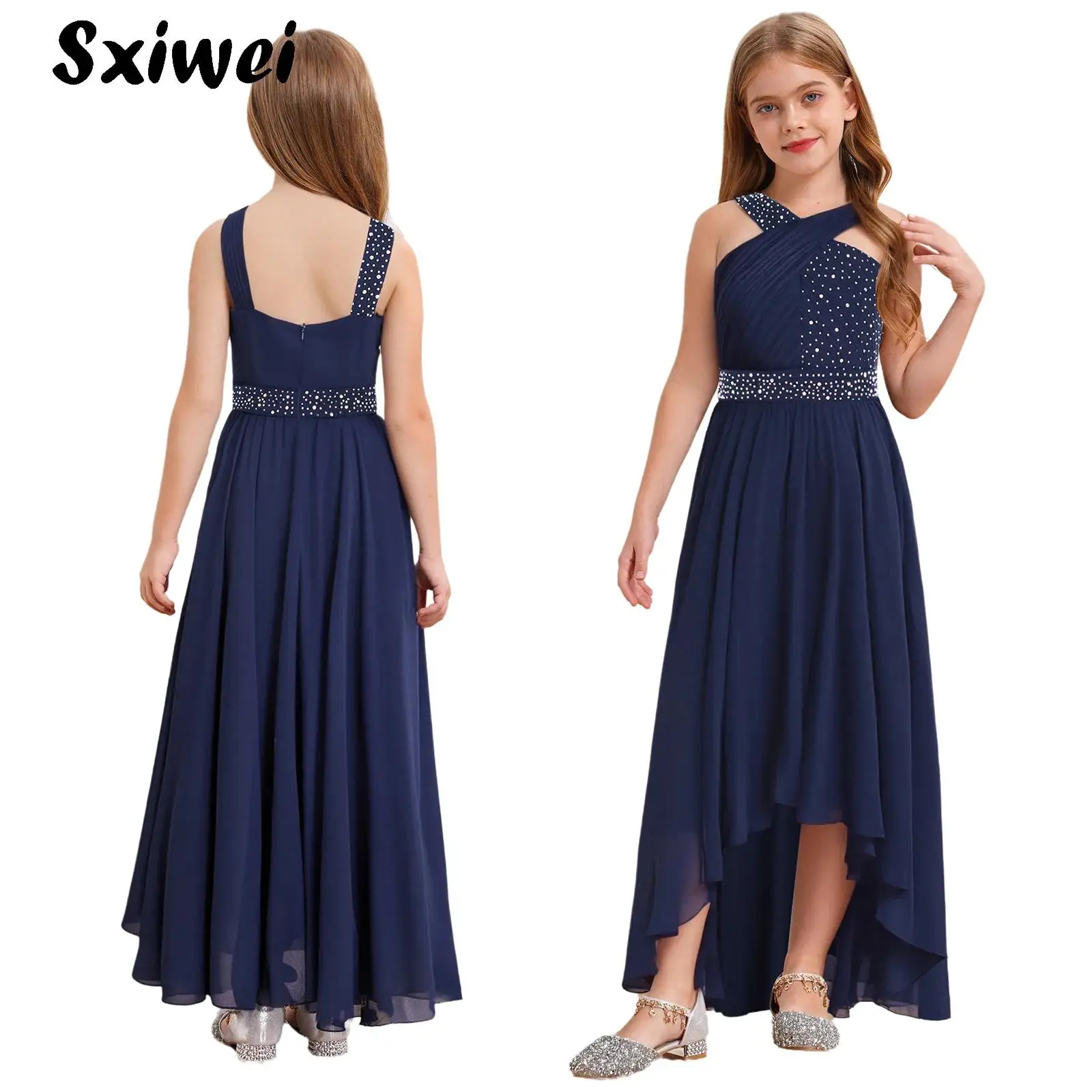 

Kids Girls Sleeveless Chiffion Princess Dress Elegant Sparkly Rhinestone Party Long Dress Flower Girl Bridesmaid Wedding Costume
