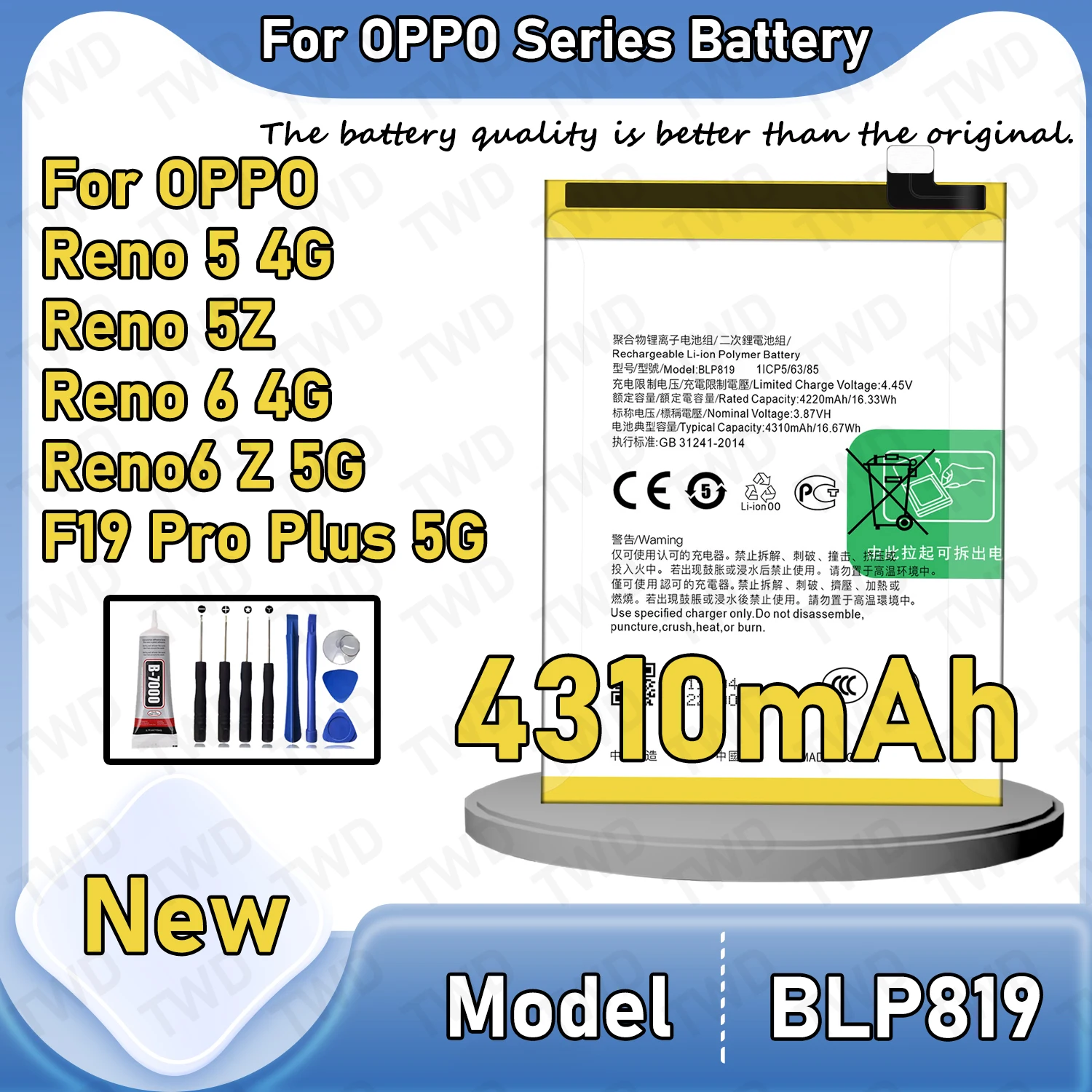 

BLP819 Аккумулятор большой емкости для OPPO Reno 5 4G/Reno 5Z/Reno 6 4G, новые аккумуляторы высокого качества + бесплатные инструменты