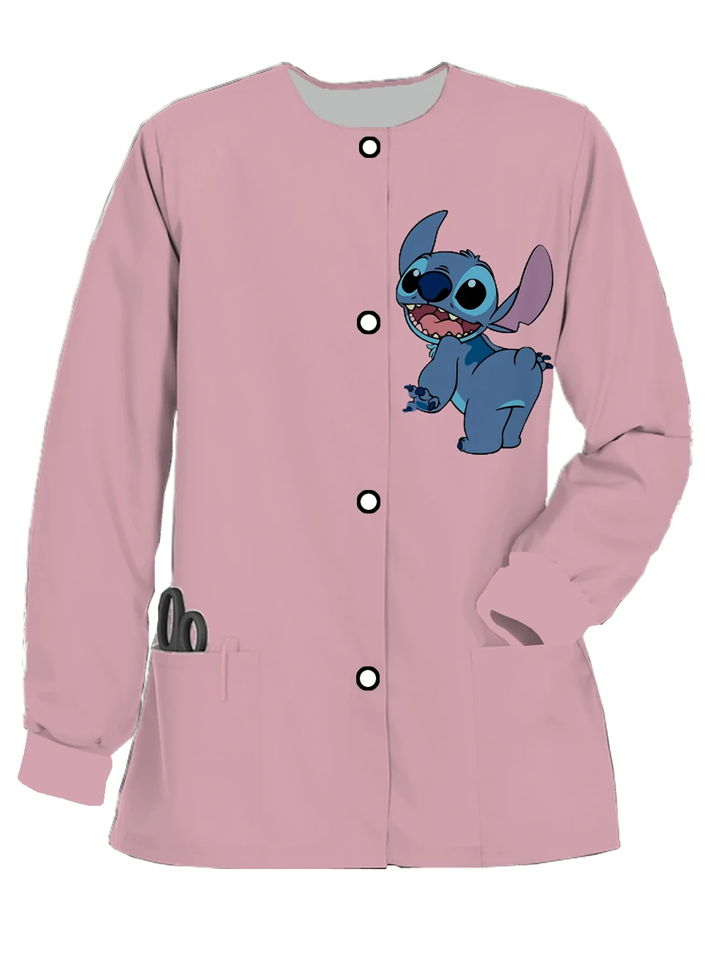 New Disney Stitch print frosted round neck women's long-sleeved nurse uniform dentist work uniform jacket for spring and autumn