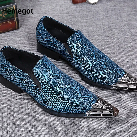 

Blue Silver Snake Pattern Pointed Toe Metal Head Decoration Men's Leather Shoes Casual Leather Breathable Heightening Shoes