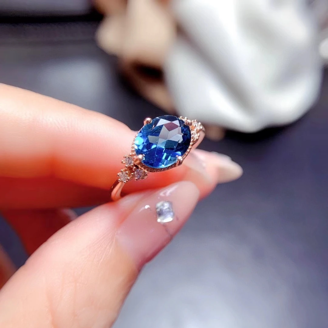 

Deep Blue Topaz Silver Ring 7mm*9mm 2ct Natural Topaz Ring for Office Woman Keep Shining 3 Layers 18K Gold Plating Jewelry