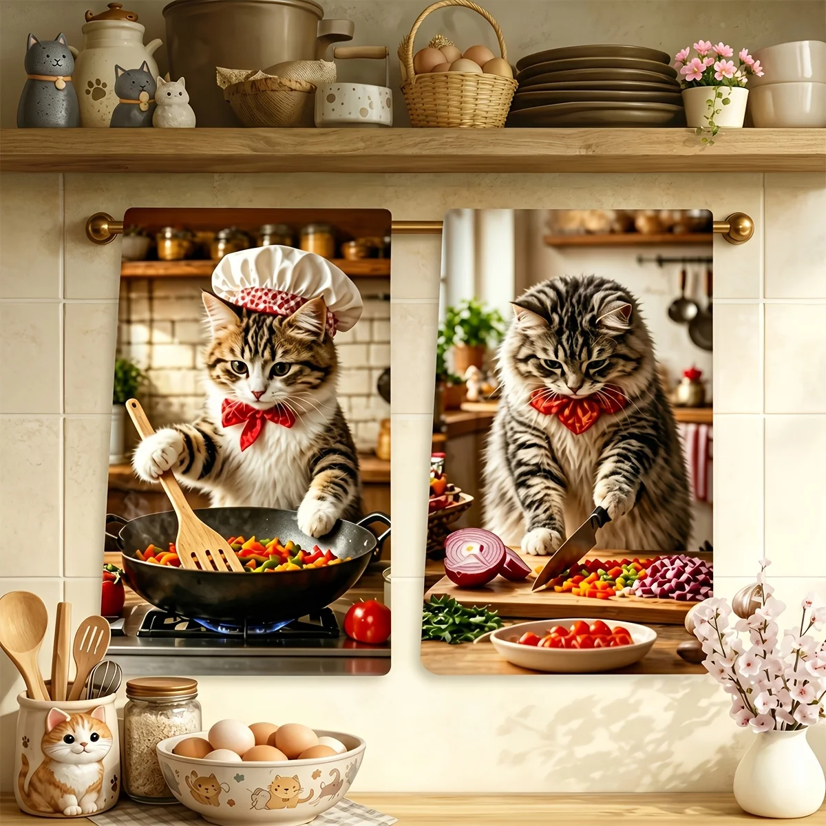 Pack of 2, Kitchen Cat Cooking Towel, Cat Cooking Pattern Dish Towel