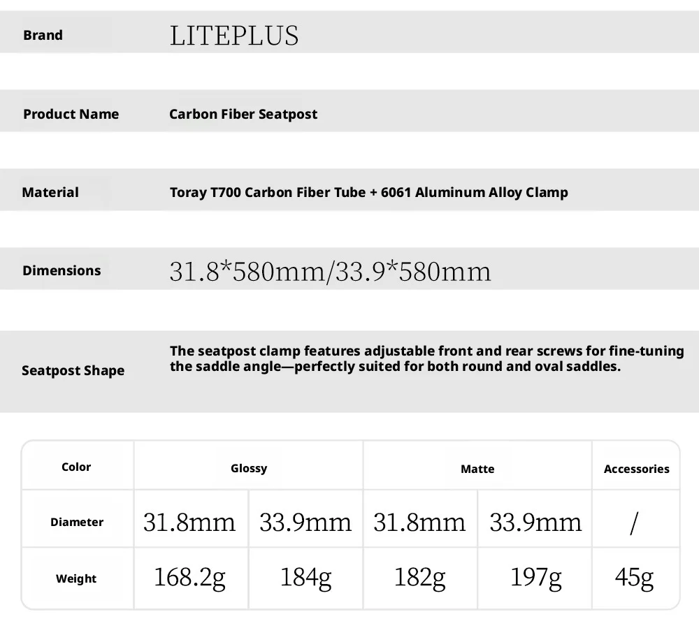 LITEPLUS Carbonfaser-Sattelstütze 33,9mm/31,8mm X 580mm für Brompton Dahon Faltrad, Glänzende & Matte Schwarze Sattelstütze, Ultraleicht – Detail 3