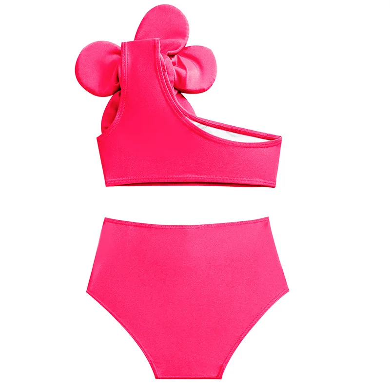 Girls 3d Flower Bikini Two Pieces Swimsuit Kids High Waisted One Shoulder Children's Swimwear 5-14 Years Teenager Bathing Suit