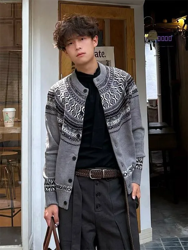 

American Sle Retro Fair Isle Knitted Open Cardigan Sweater Casual Loose ex Long Sve round Ne Warm Breathable Polye...