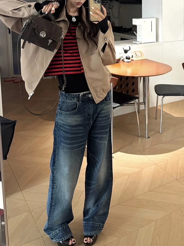 Retro checkered patchwork short jacket, women's lapel zipper workwear jacket, niche design sense, casual and versatile top