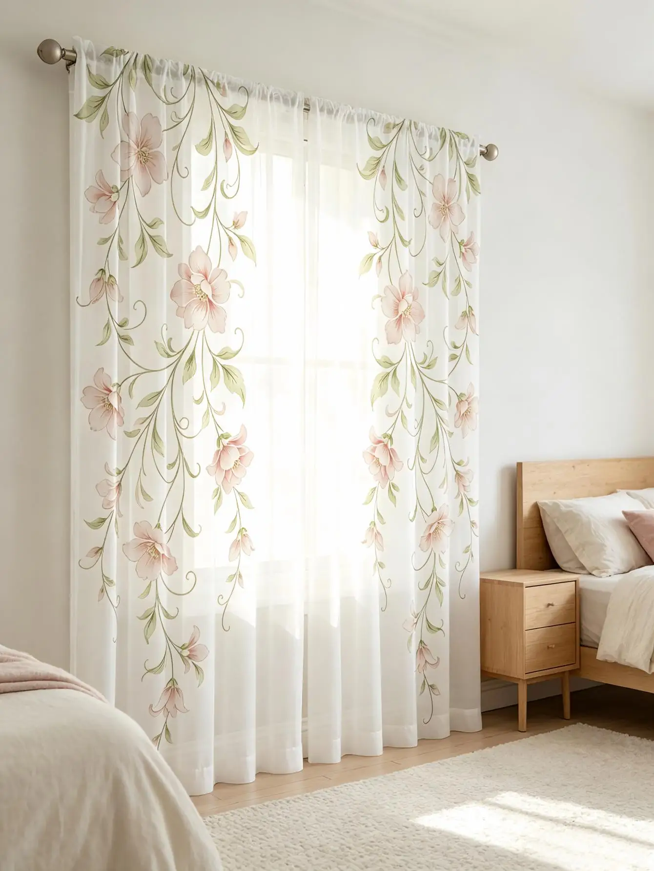 2PCS Digital Print Sheer Curtain, Pink Flower Vine Floral Botanical Nature Window Drapes for Living Room Bedroom Home Decor