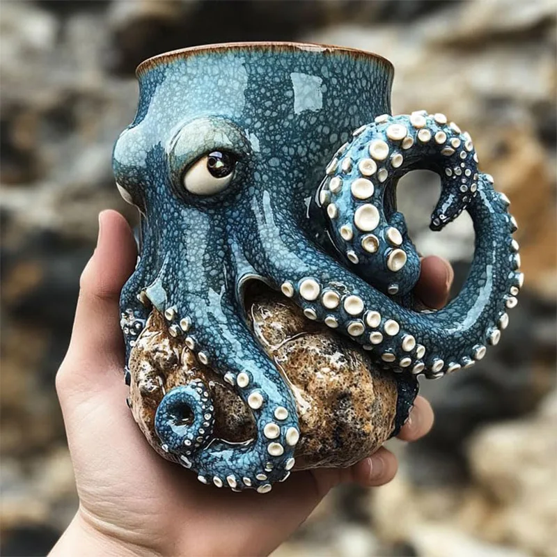 Taza de pulpo de criaturas marinas, adorno de pulpo 3D, divertida taza de café de cerámica hecha a mano, estatua en forma de pulpo, regalo para entusiastas del océano