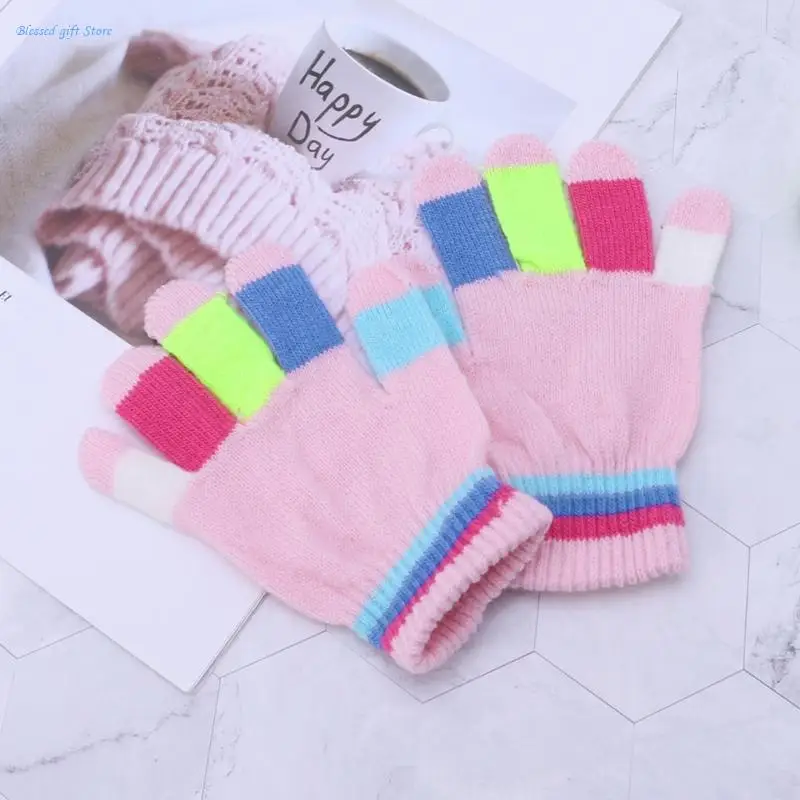 1 Pair Kids Gloves Full Finger Warm Winter Children Colorful Stripe Knitted Boys Girls Solid Glove Multi Color