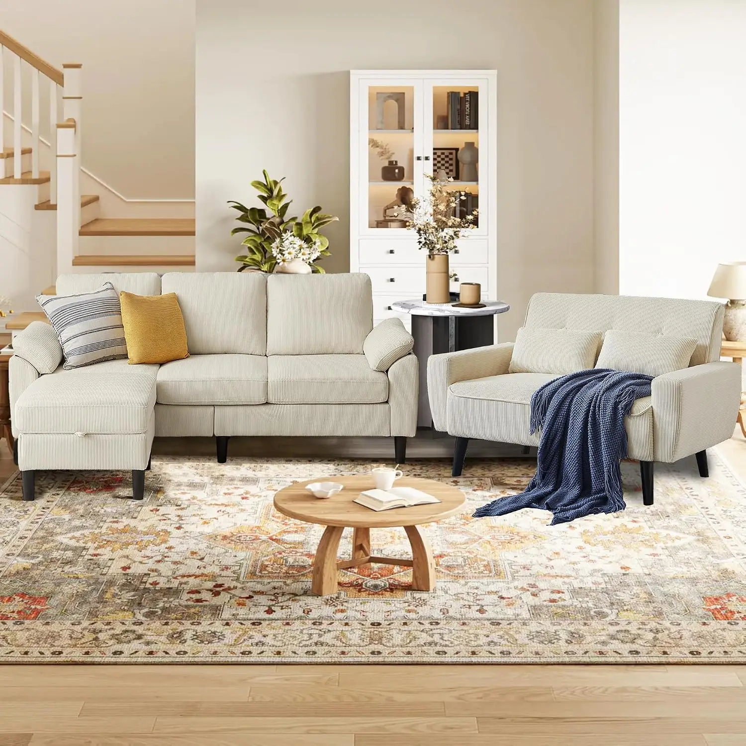 3 PCS L-Shaped Sectional Sofa with Storage Ottoman & Removable Cushion Covers, Modern Corduroy Living Room Furniture, Customized