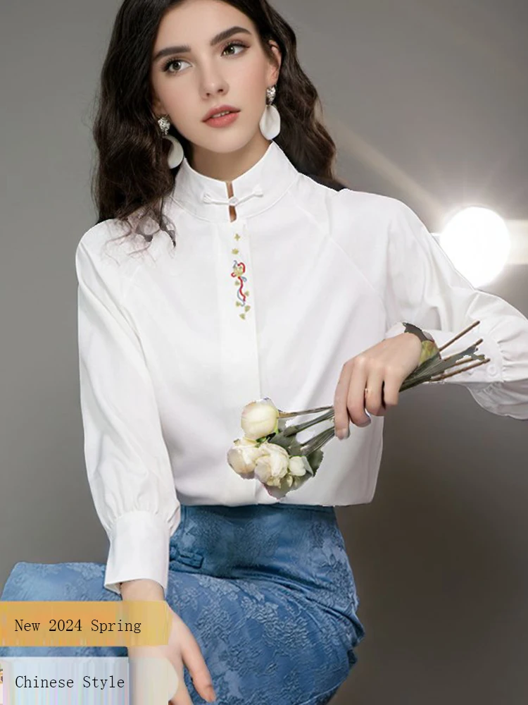 New 2024 Spring Women White Shirts & Blouses Stand Collar Long Sleeve Tops Embroidery Chinese Style Elegant Shirt Tops Blusa