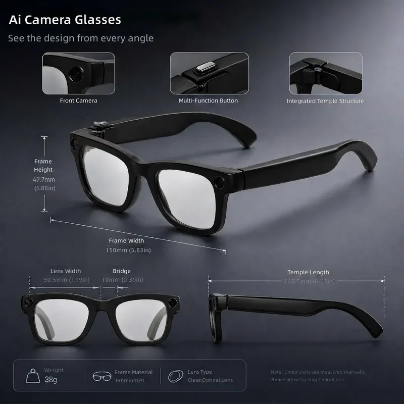 AI Smart Glasses T100 8MP Camera 8GB Memory Video Recording Object Recognition Translation Wearable Tech for Men Women