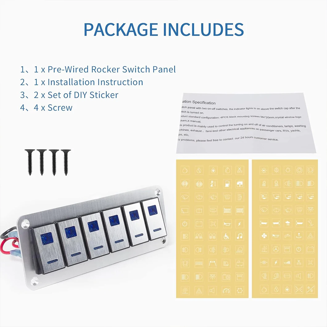 ABILKEEN ON-OFF 6 Gang Aluminum Rocker Switch Panle with Dual LED Light DC12-24V Car RV Truck Boat Modification Waterproof Panel